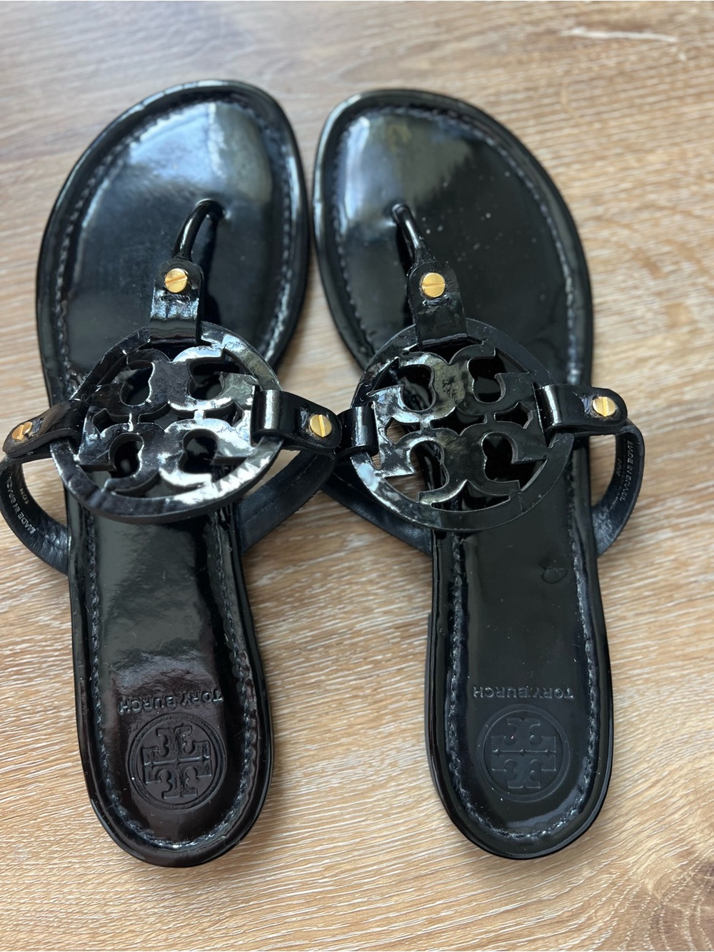 Tory Burch Black Patent Leather Logo Thong Sandals